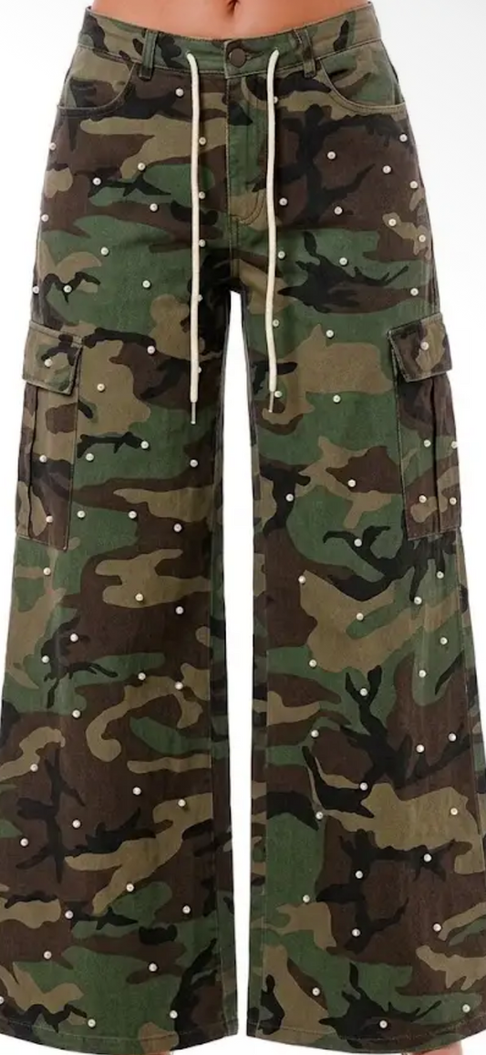 Embellished wide leg camo pants