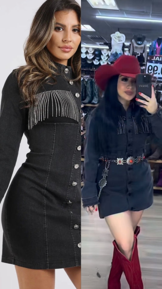 Denim Dress rhinestone fringe